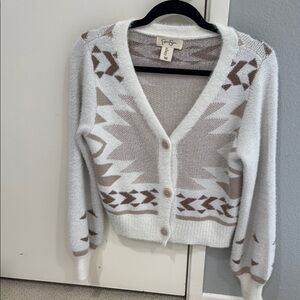 Jessica Simpson Cream and Brown Geometric Knit Cardigan